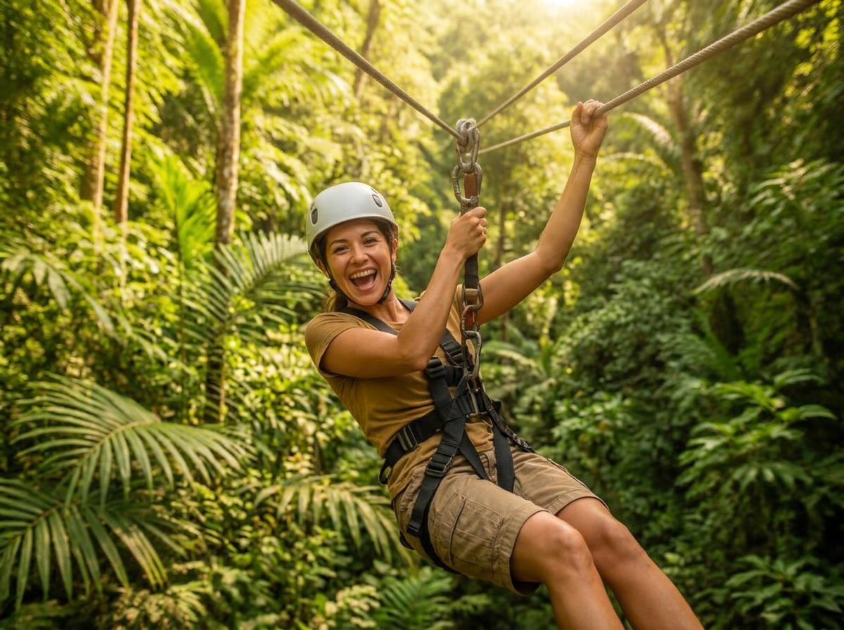 A person ziplining through a tropical jungle
